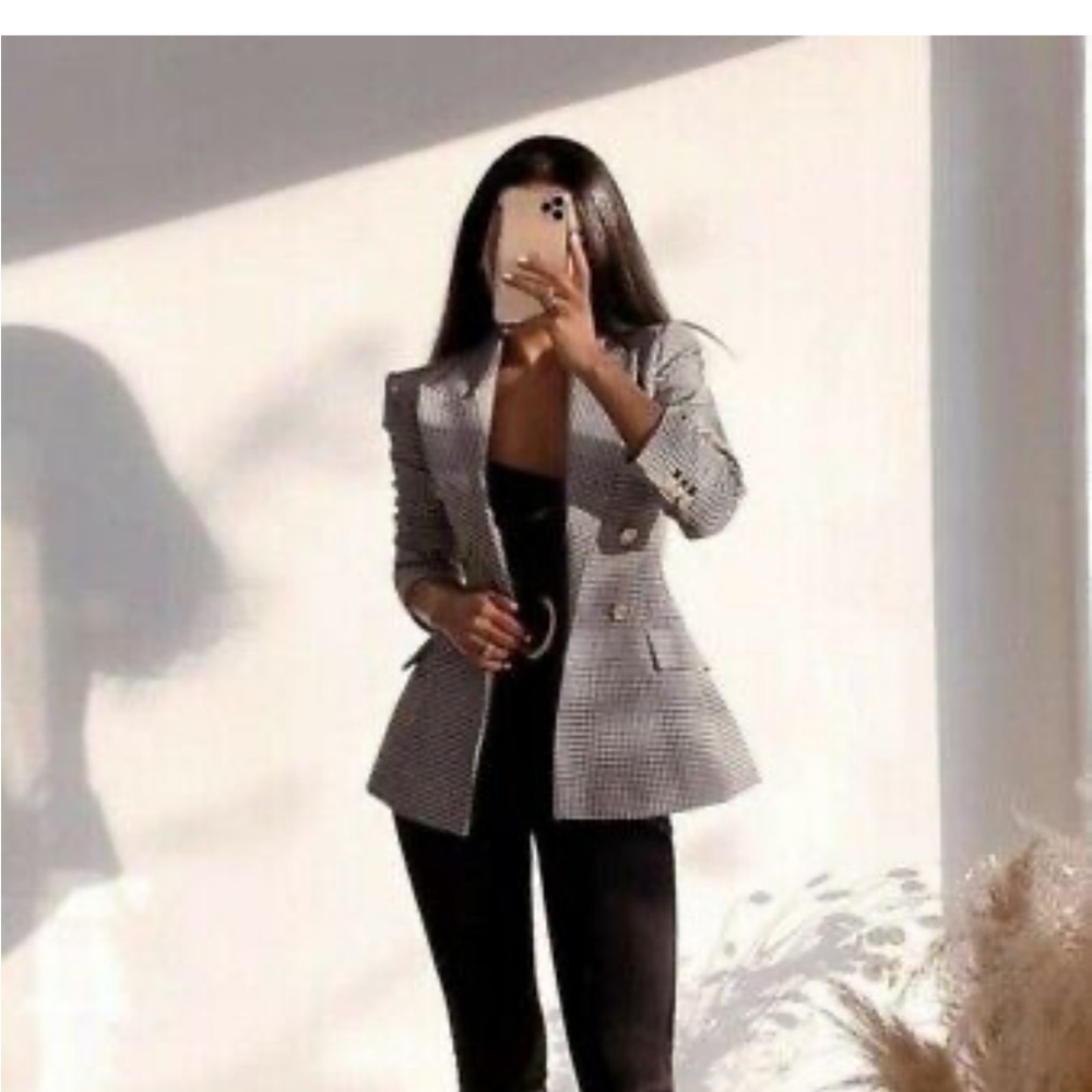 ZARA WOMEN  HOUNDSTOOTH CHECKERED PLAID BLAZER BLACK WHITE